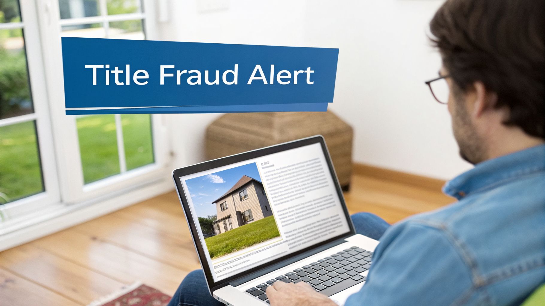 A person from behind, wearing glasses, views a laptop with a house image and a 'Title Fraud Alert' banner.