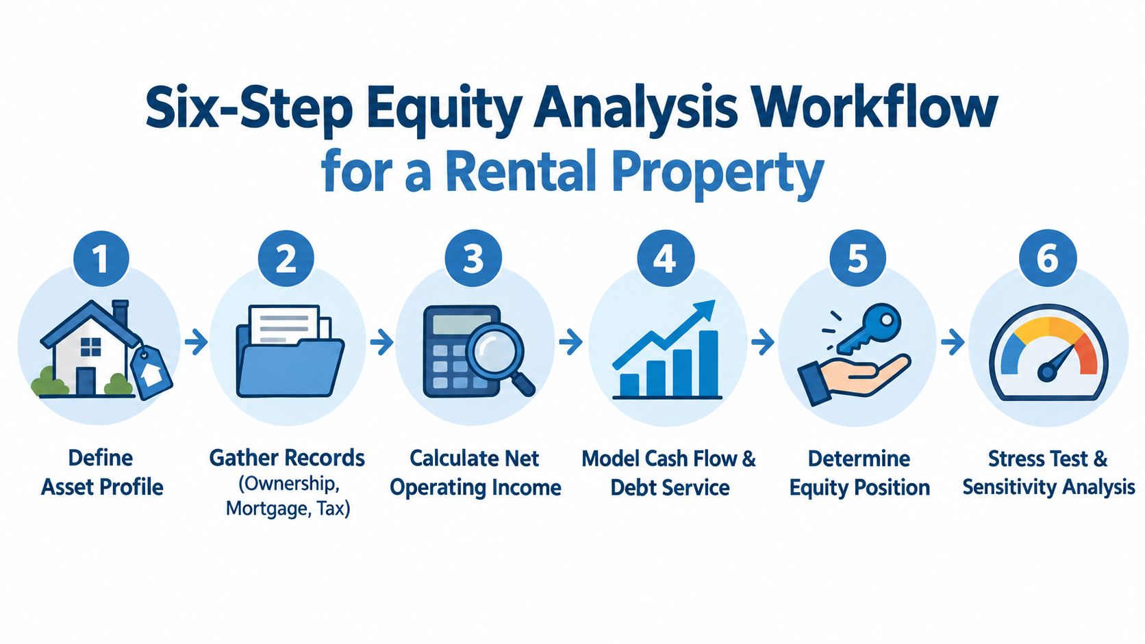 A six-step infographic detailing the workflow for performing an equity analysis on a rental property.