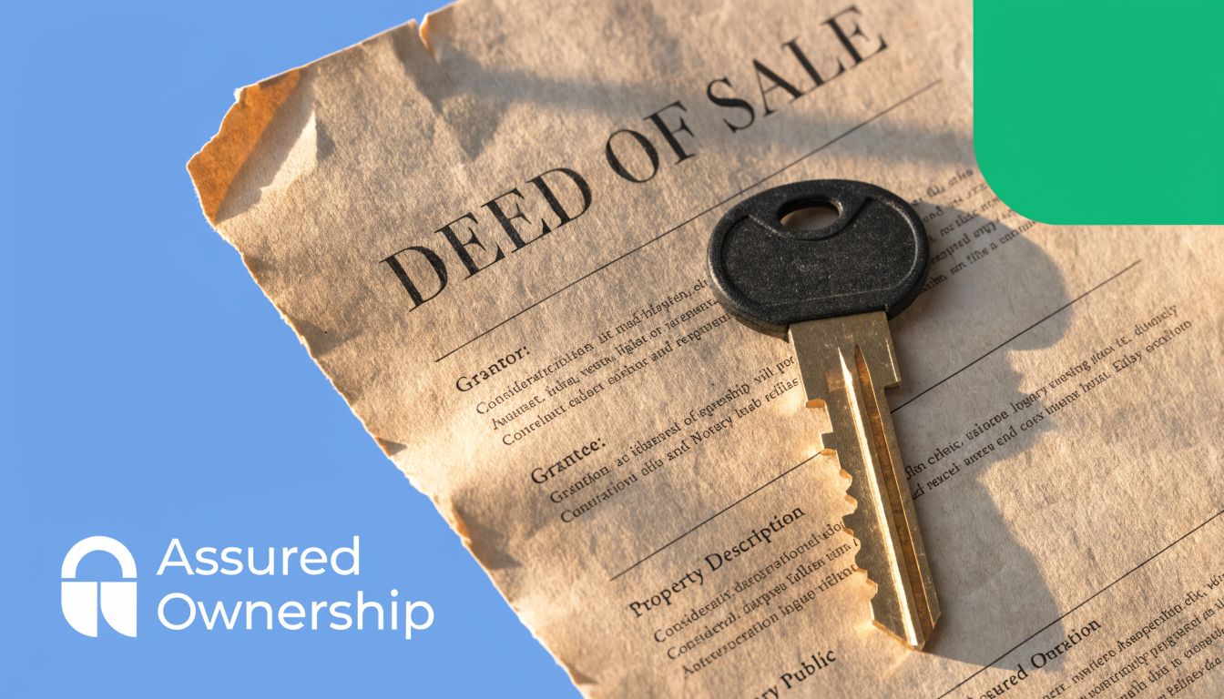 A brass house key resting on a weathered Deed of Sale document under a bright blue sky.