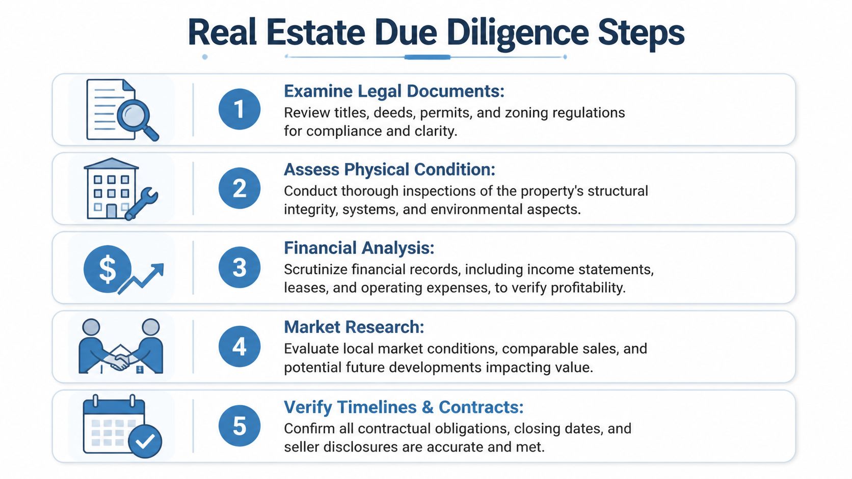 A list of five essential real estate due diligence steps illustrated with icons and descriptive text.