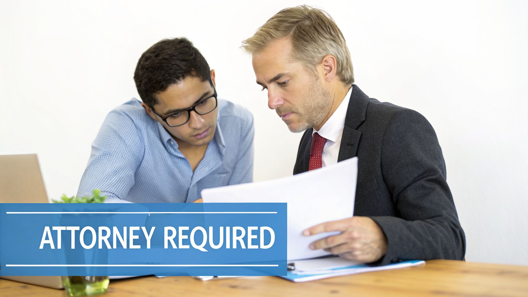 Two men, one in a suit, intently reviewing legal documents at a table with 'ATTORNEY REQUIRED' text.