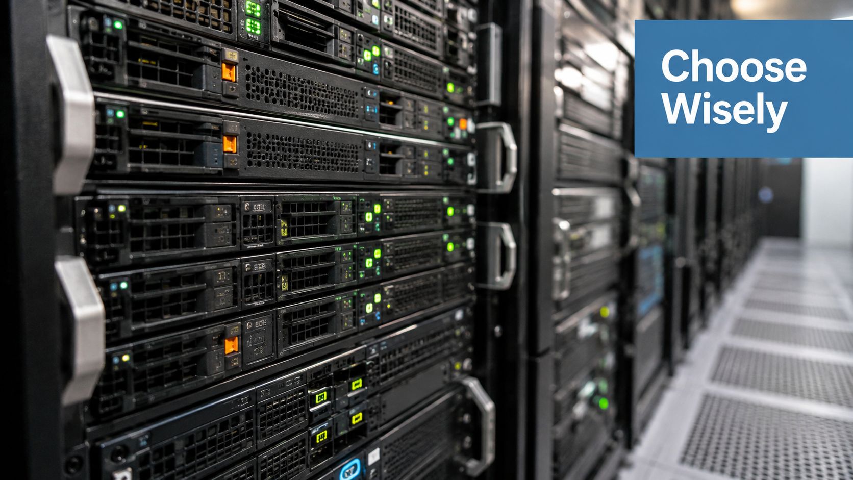 A close-up view of multiple server racks in a modern data center with green indicator lights.