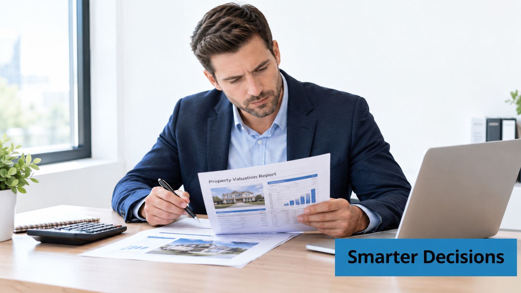 A professional businessman analyzing a property valuation report at his office desk with a laptop and calculator.