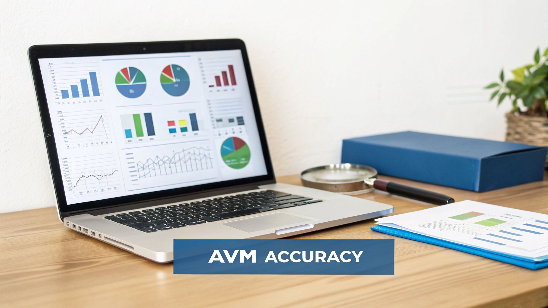Laptop on a desk displaying business charts and graphs, with an 'AVM ACCURACY' banner.