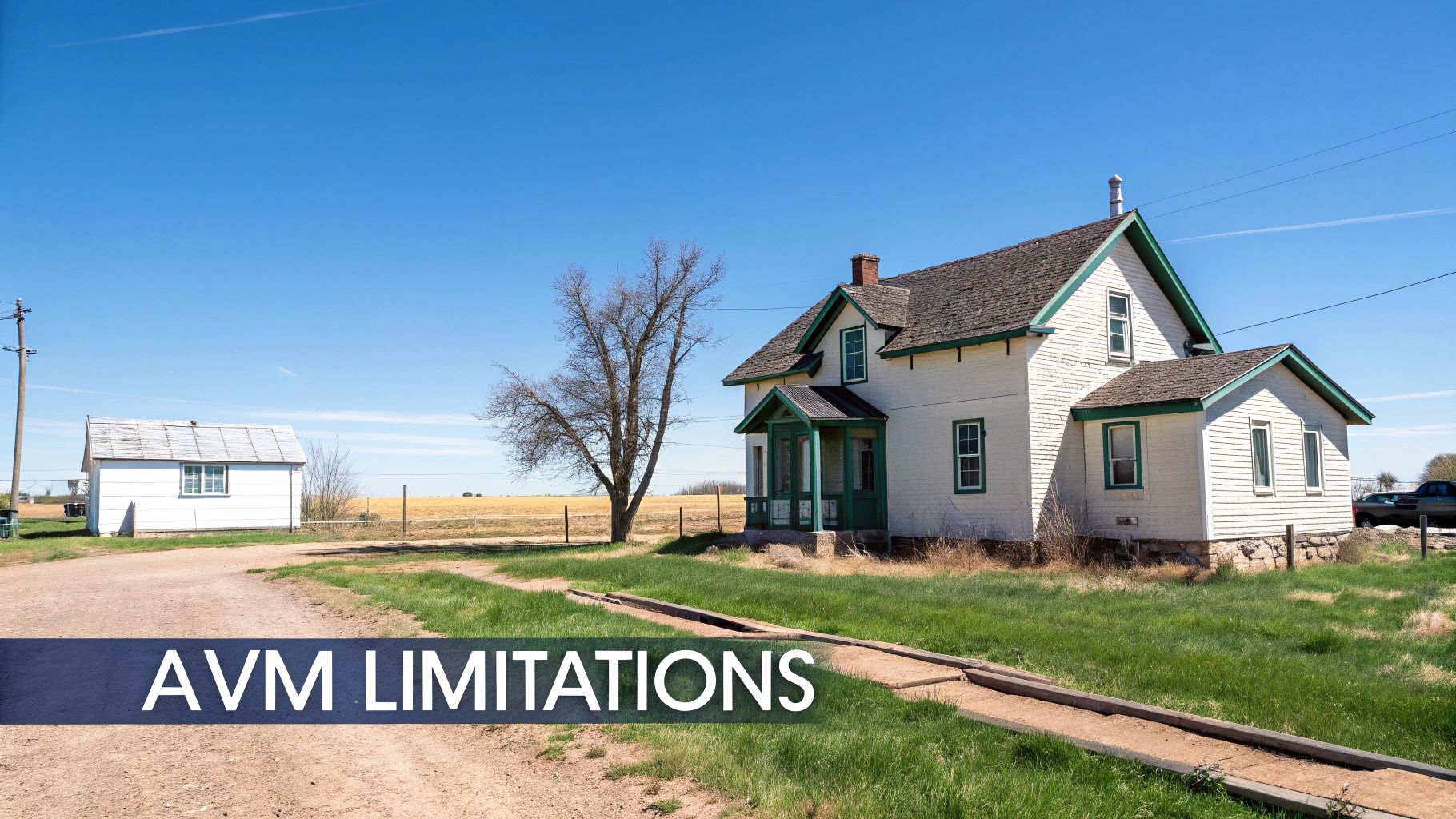 A white farmhouse and a shed on a dirt road in a rural landscape under a clear sky, with 'AVM LIMITATIONS' text.
