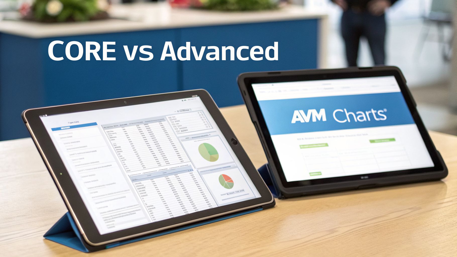 Two tablets display software dashboards on a wooden table, showing 'CORE vs Advanced' features.