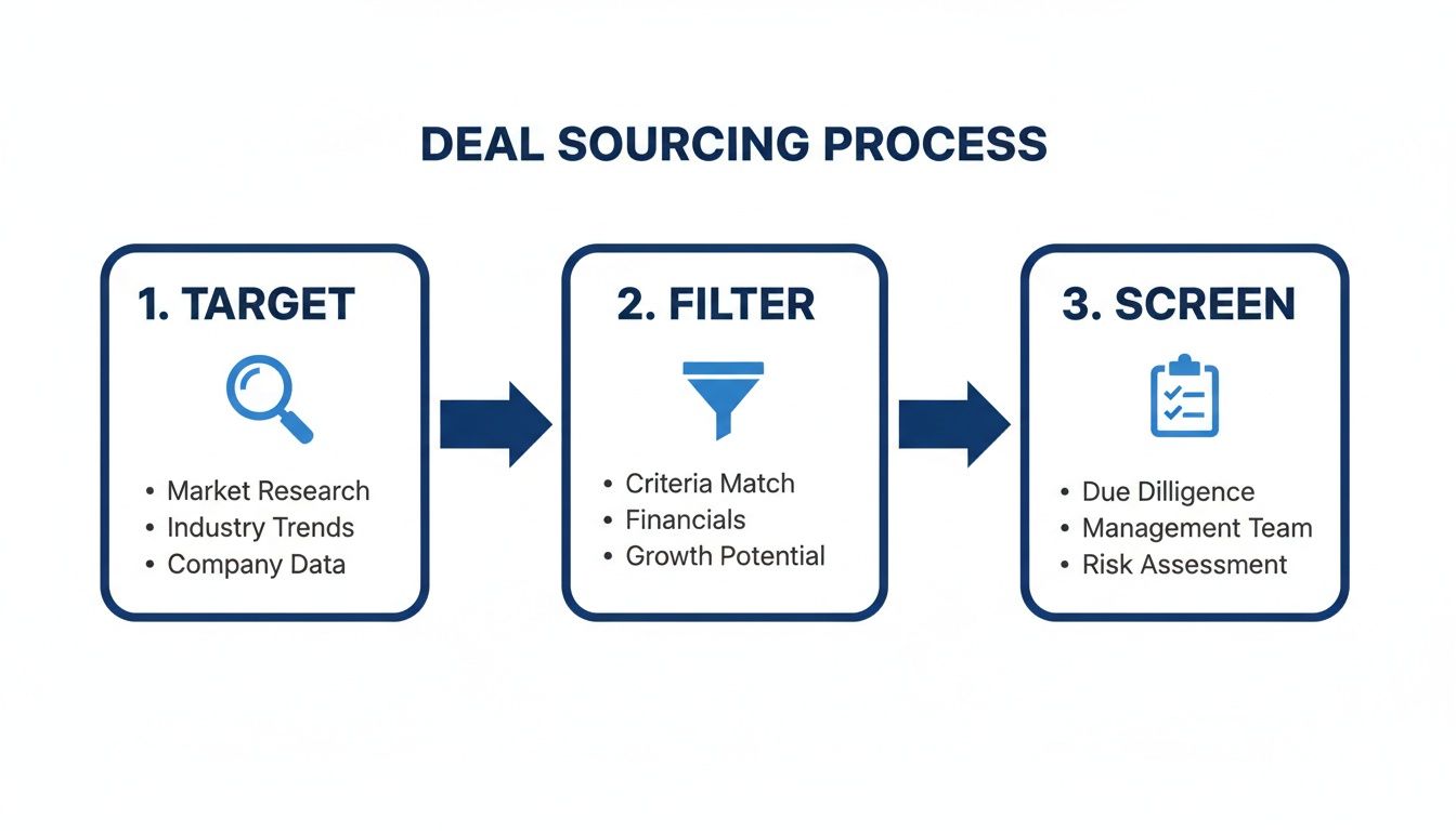 A flowchart showing the 'Deal Sourcing Process' with three steps: Target, Filter, and Screen.