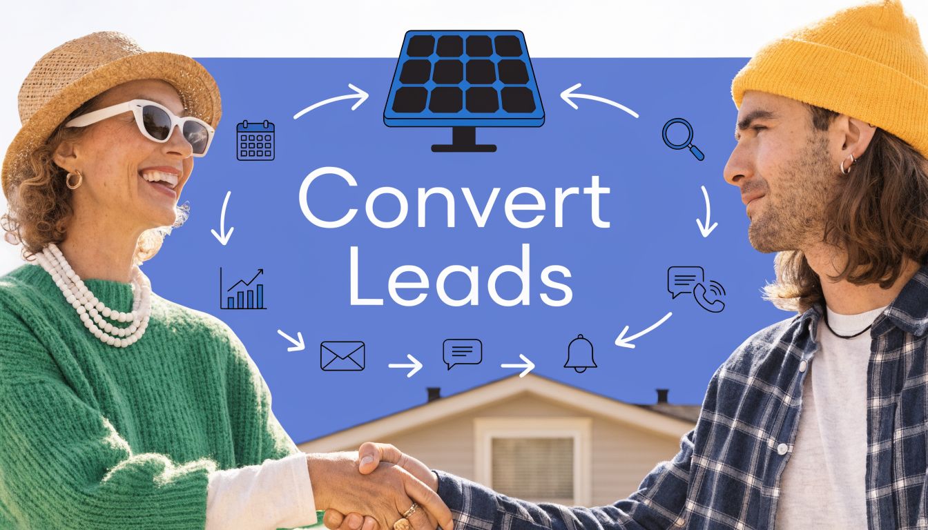 A woman and man shaking hands in front of a blue solar lead generation business graphic.