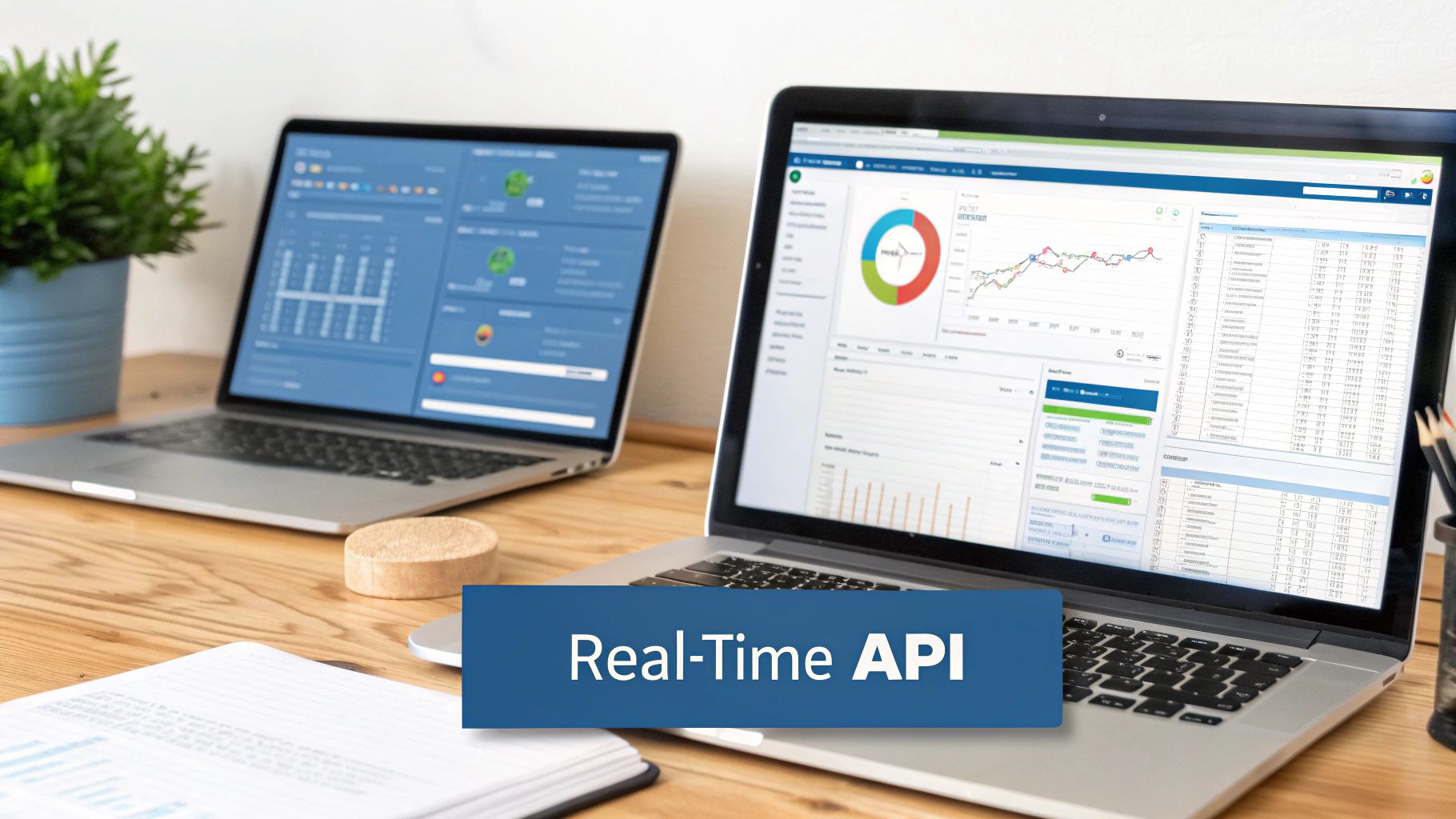 Two laptops on a wooden desk displaying analytical dashboards with charts and the text 'Real-Time API'.