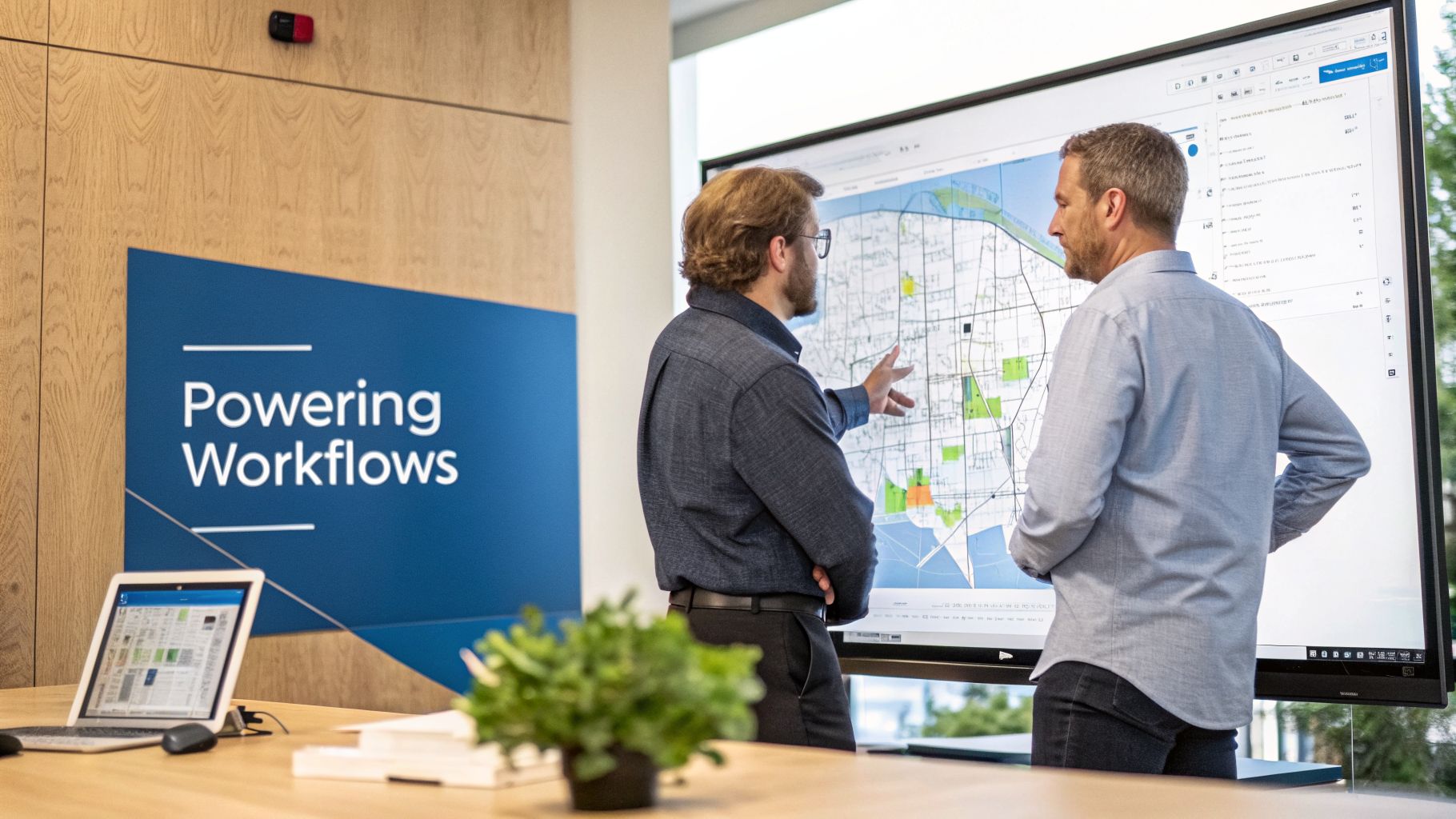 Two men discuss a detailed map displayed on a large screen in a modern office environment.