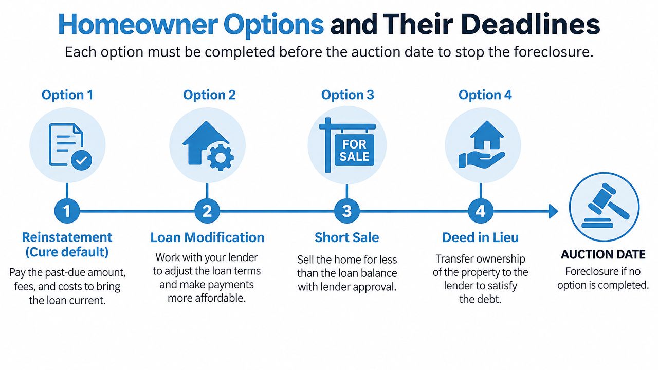 A flowchart infographic outlining four homeowner options to stop foreclosure before the scheduled auction date.