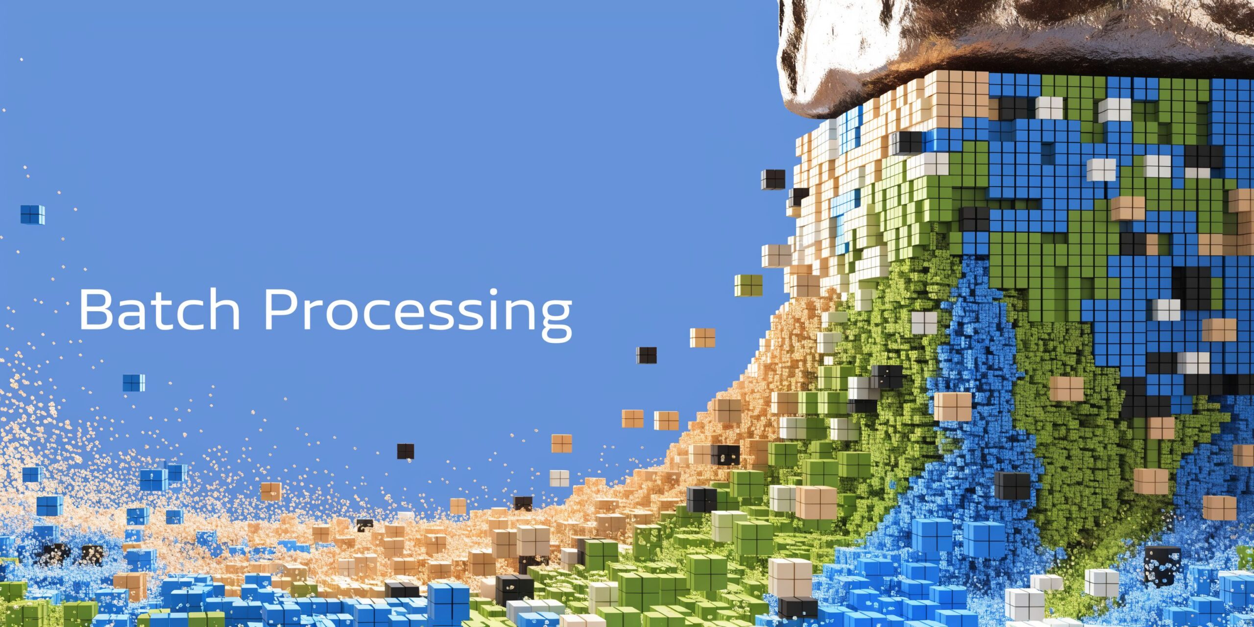 A conceptual 3D visualization showing colored digital blocks disintegrating and reassembling to represent data batch processing operations.