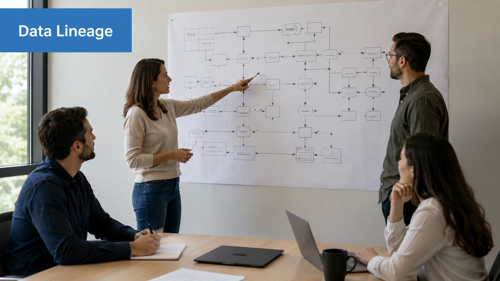 A professional team collaborates on a data warehouse strategy while reviewing a complex flowchart on a whiteboard.