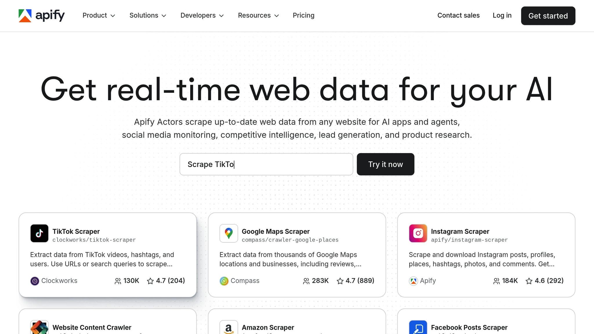 Real-time web data solutions for AI, showcasing various scrapers including Google Maps and TikTok, emphasizing BatchData's property data API capabilities for developers.