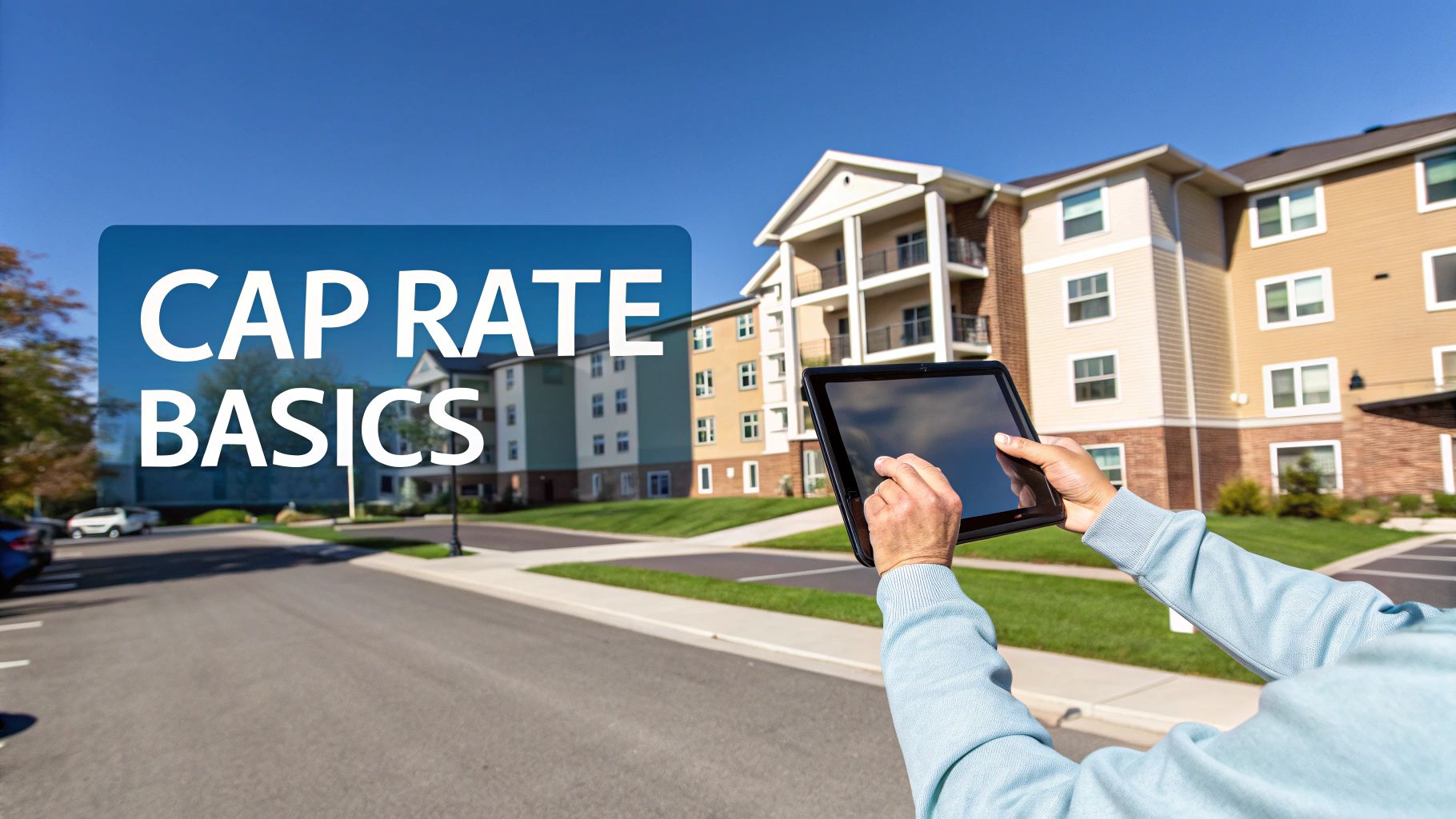 Hands holding a tablet in front of apartment buildings with 'CAP RATE BASICS' text.