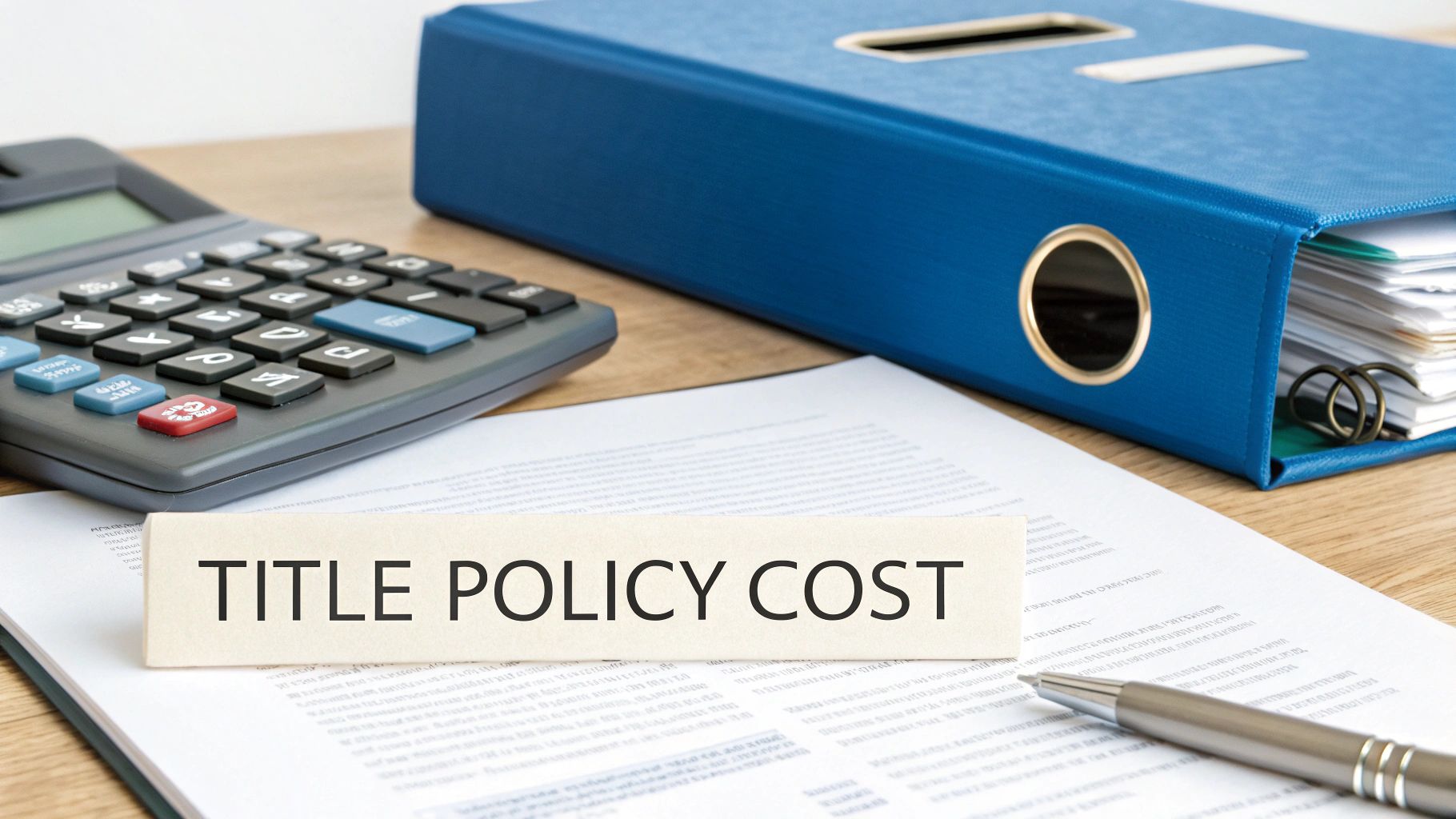 A desk with a calculator, documents, a pen, and a sign displaying 'TITLE POLICY COST'.