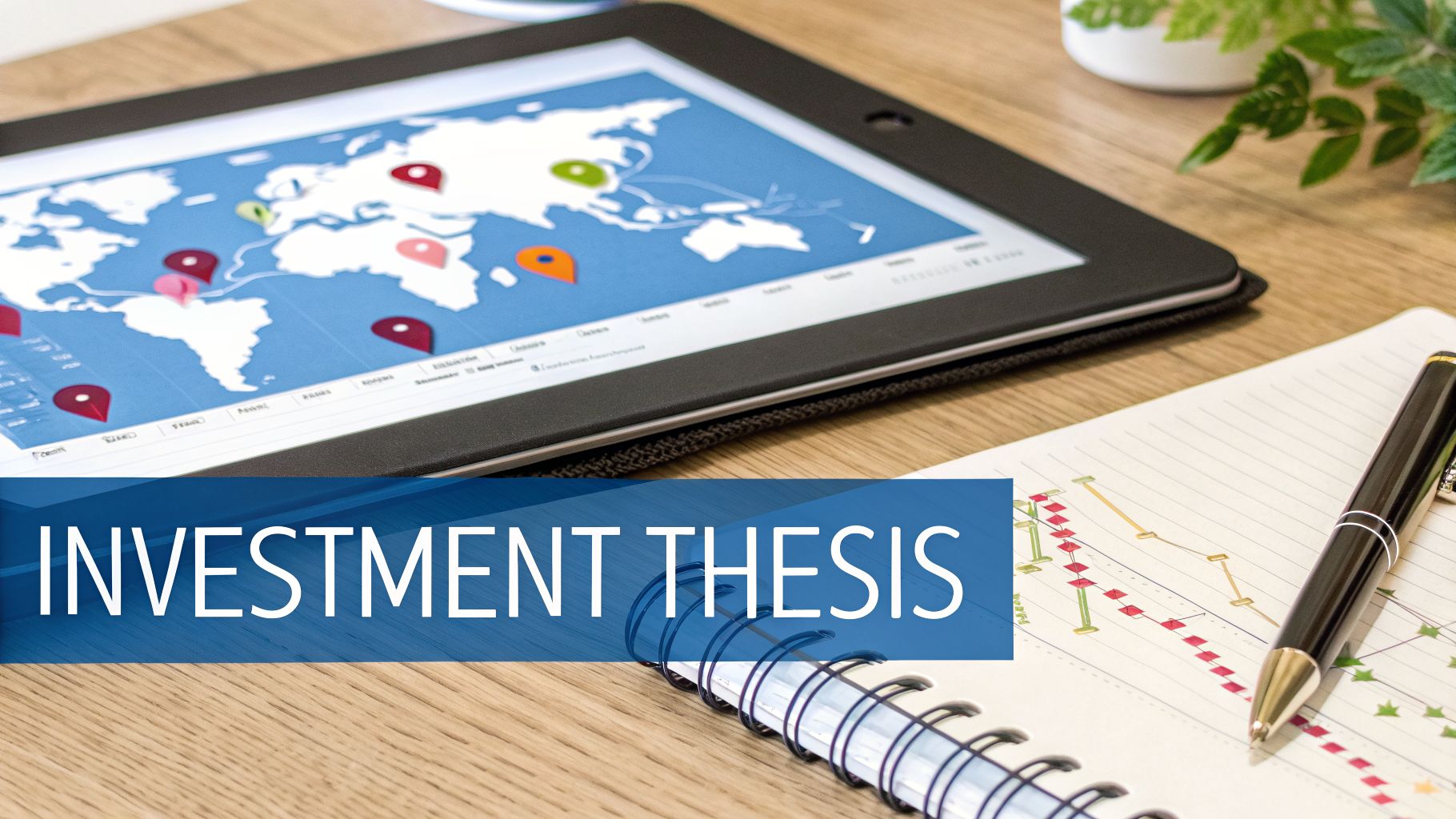 Tablet showing a world map with pins, a notebook with graphs, and 'INVESTMENT THESIS' text.