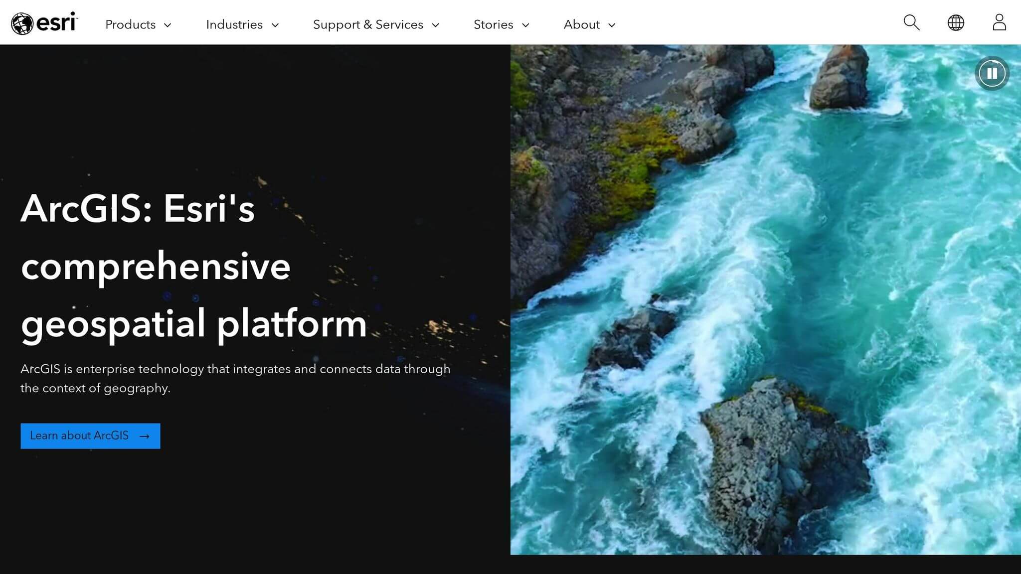 Esri ArcGIS home page describing its geospatial platform