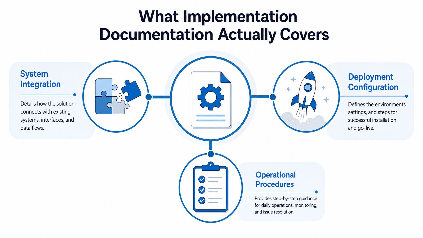 A diagram illustrating the three core components of implementation documentation including system integration, deployment configuration, and operational procedures.
