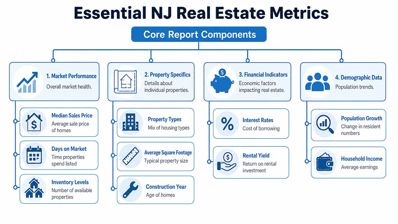 An infographic titled Essential NJ Real Estate Metrics illustrating core report components like market performance and demographics.