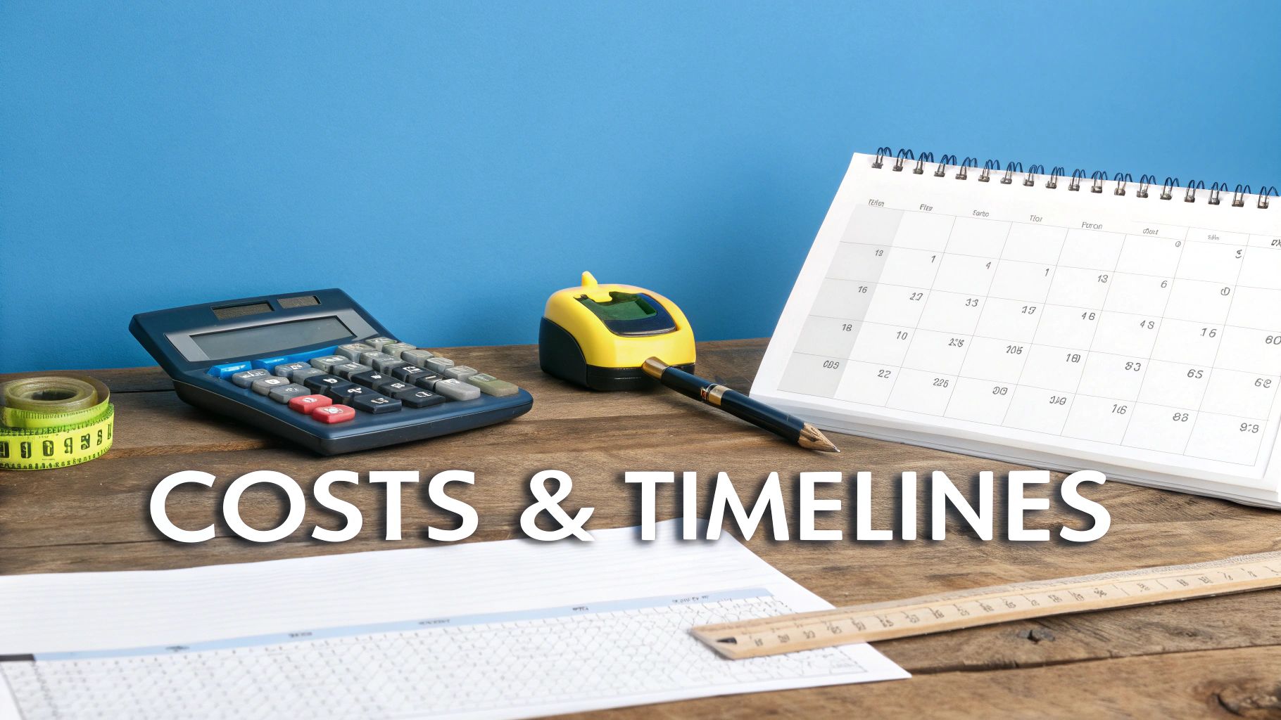 Desk with calculator, calendar, pen, and 'COSTS & TIMELINES' text, representing project planning and budgeting.