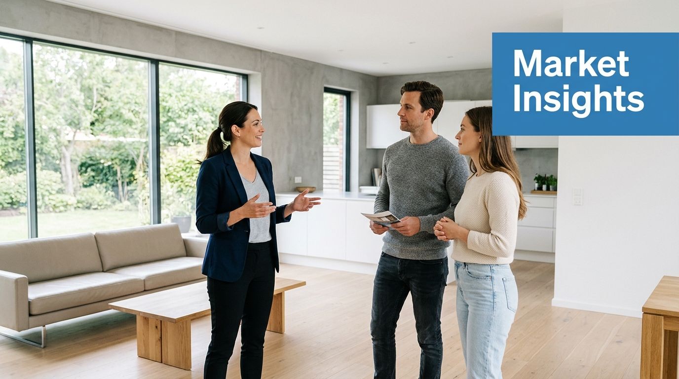 A real estate agent discussing market trends with a couple inside a modern, well-lit home interior.