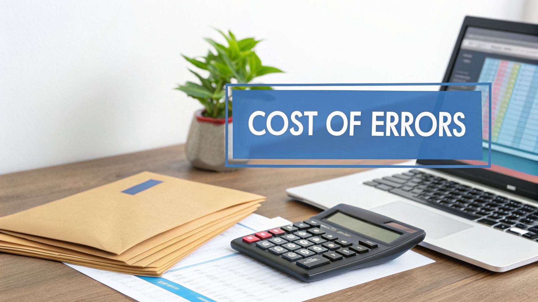 A desk with a calculator, laptop, and envelopes, featuring a blue banner stating "COST OF ERRORS".