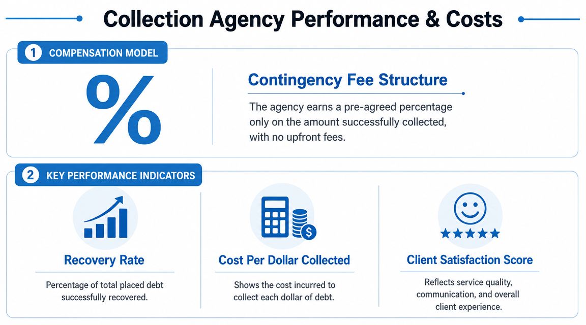An infographic detailing the contingency fee structure and key performance indicators for a third-party collection agency service.