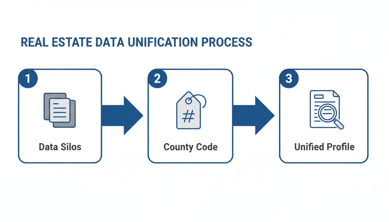 Flowchart illustrating the real estate data unification process from data silos to a unified profile using county codes.