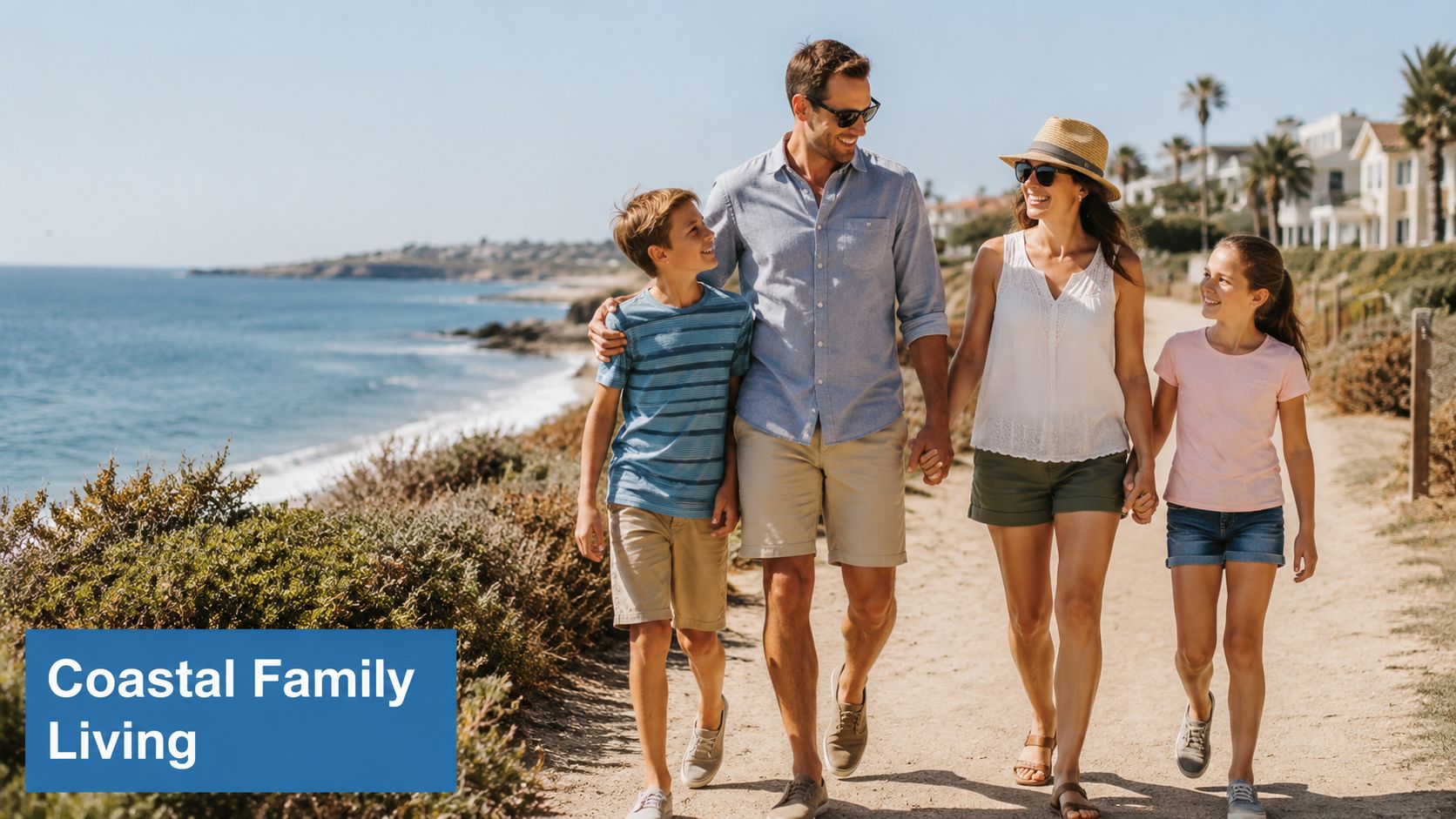 A happy family of four walking along a scenic coastal path near the ocean on a sunny day.