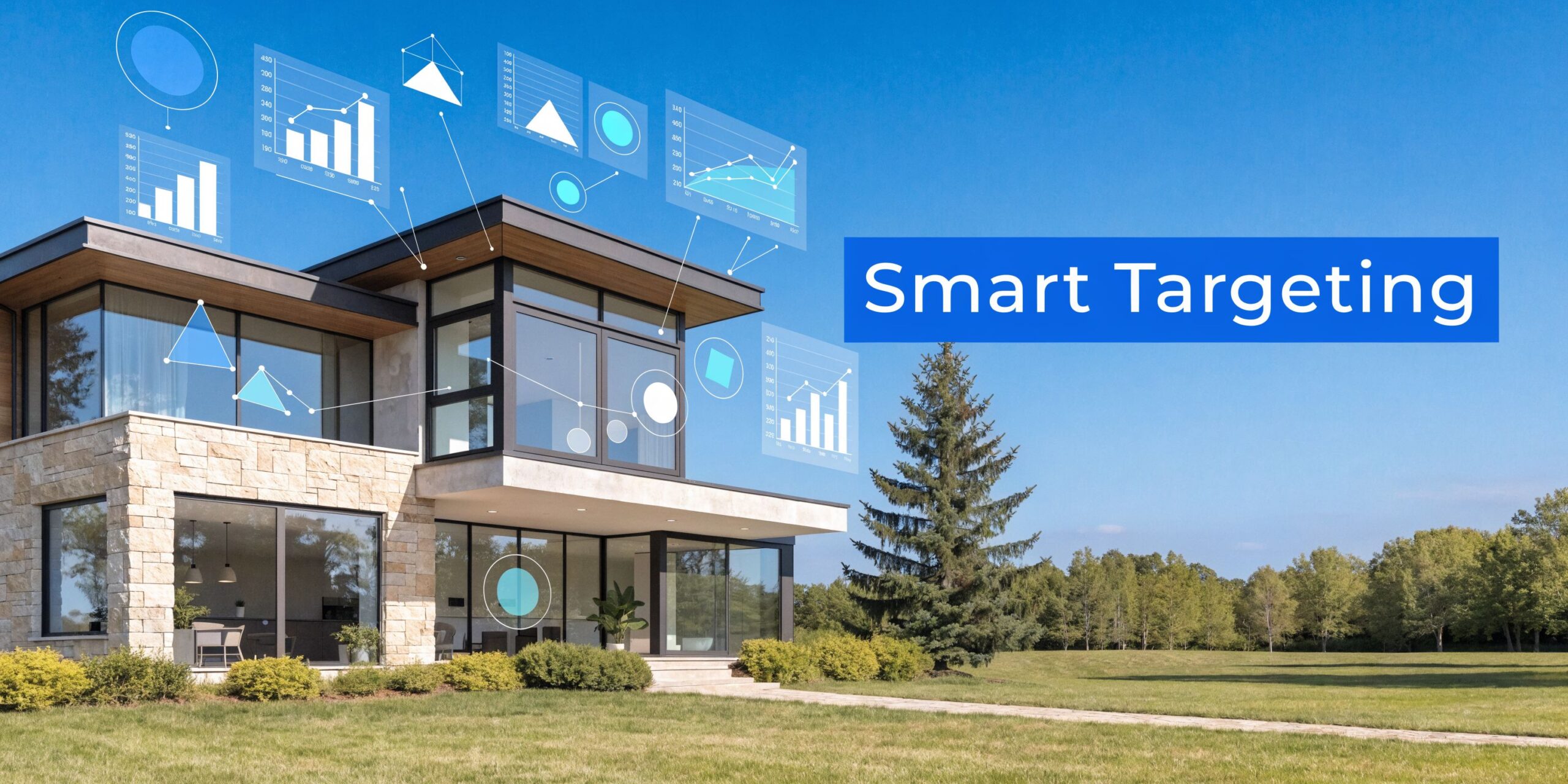 A modern two-story house with digital data visualization charts and graphs floating in the sky above it.