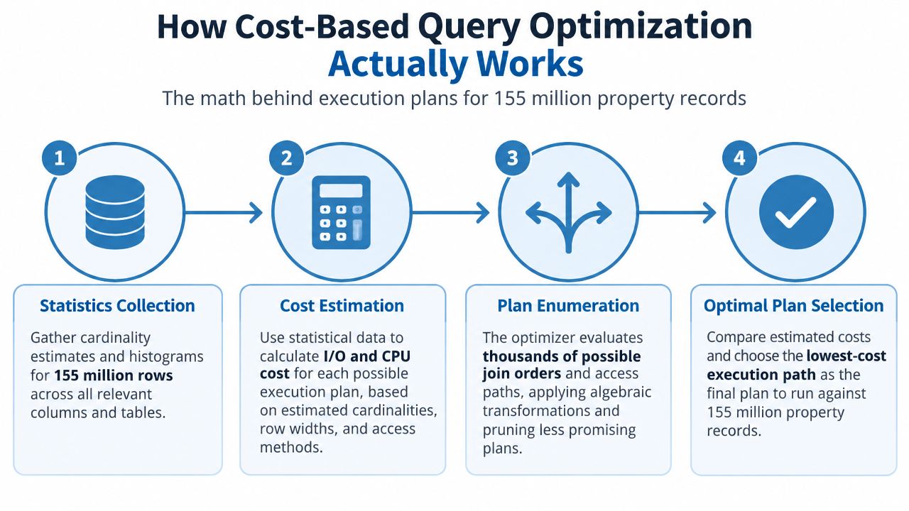 A four-step infographic illustrating the cost-based query optimization process for large database records.