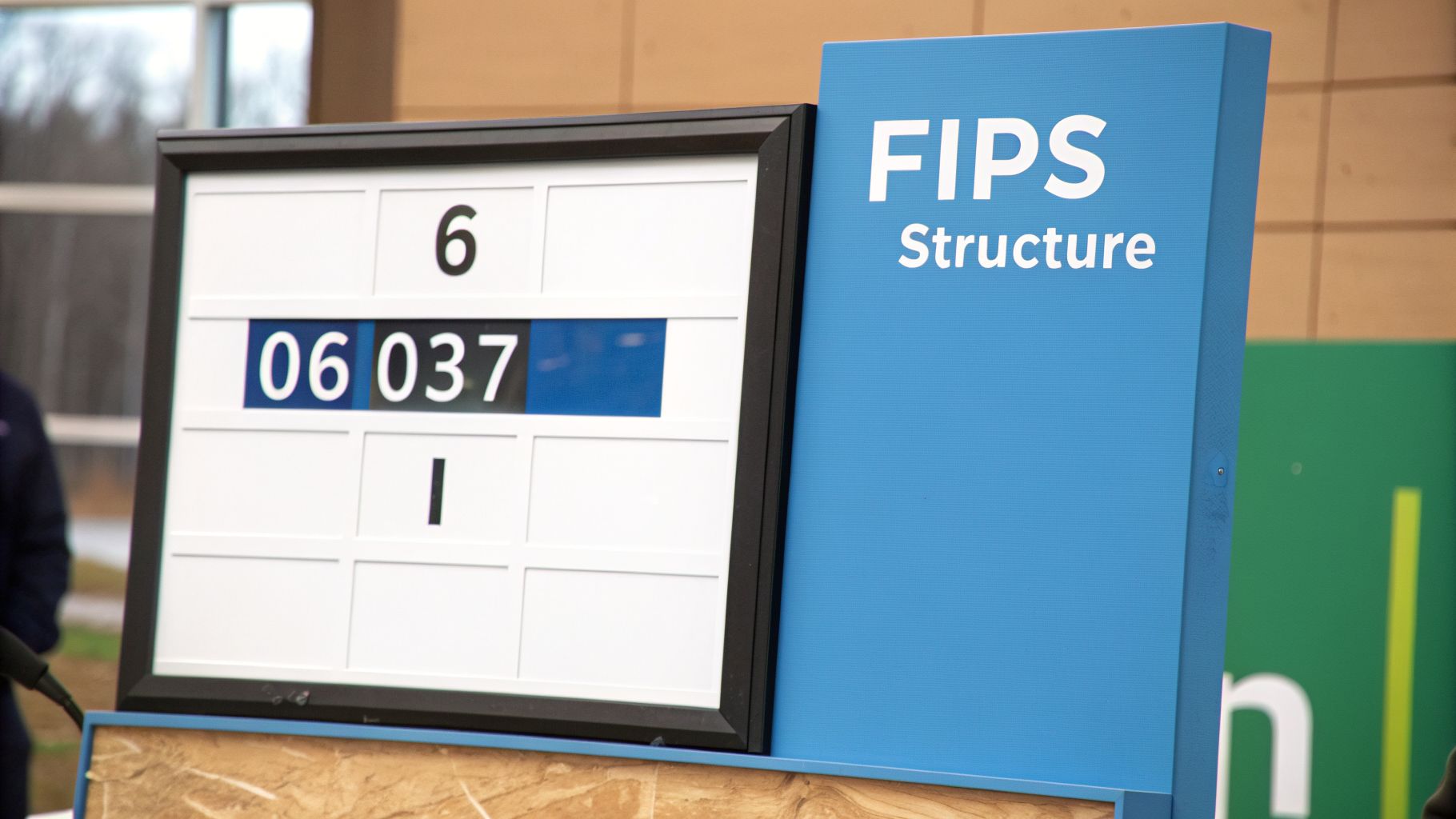 A close-up of a white display board showing numbers '6', '06 037', and '1', next to a blue sign reading 'FIPS Structure'.