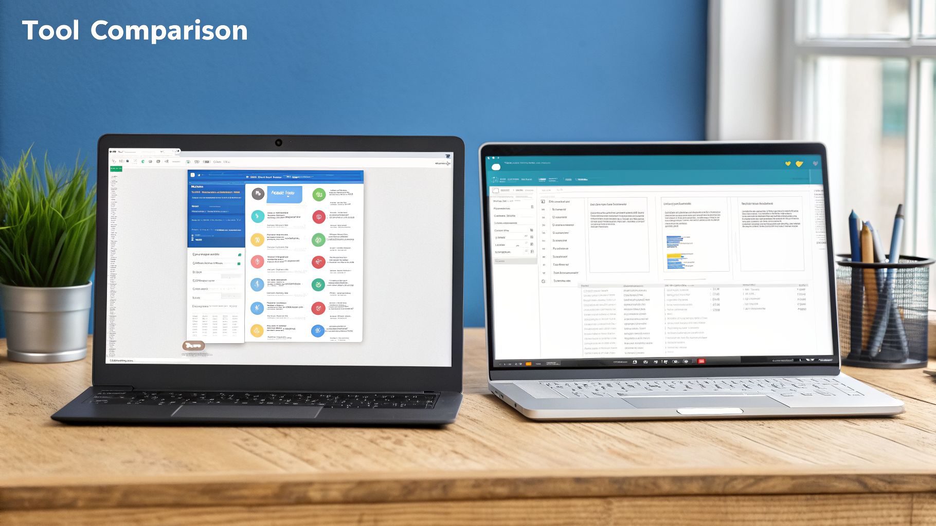 Two laptops on a desk displaying different software interfaces, illustrating a tool comparison.