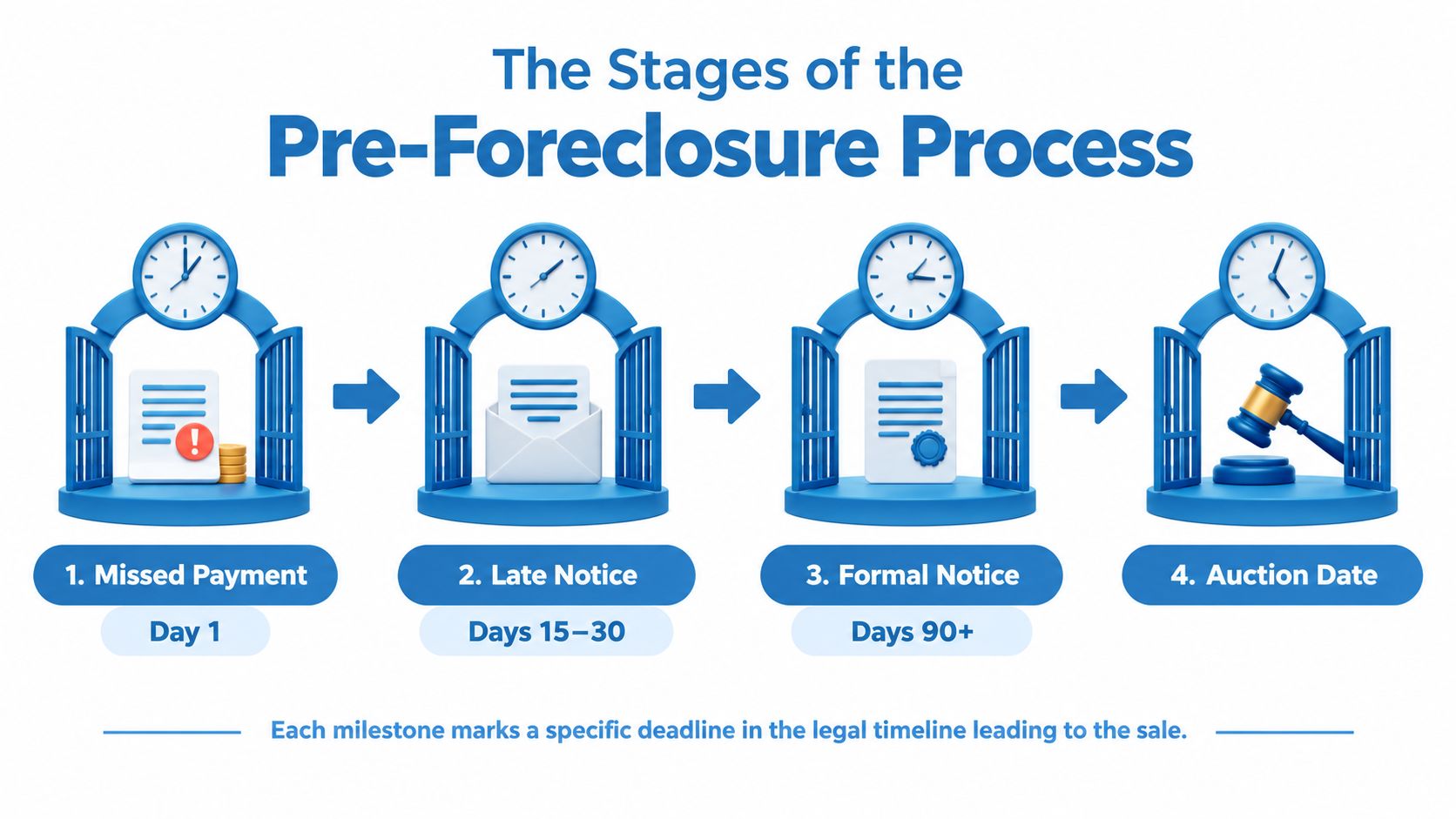A diagram illustrating the four stages of the pre-foreclosure process from the first missed payment to auction.