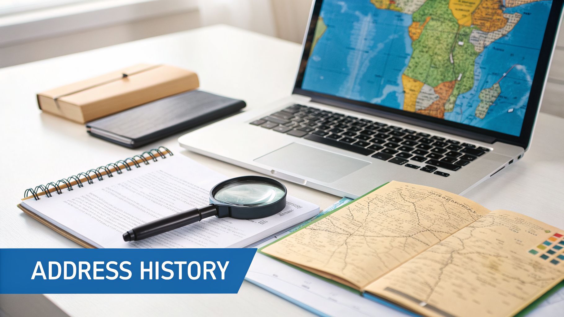 A detailed desk setup with a laptop displaying a map, a magnifying glass on documents, and historical books, ideal for address history research.