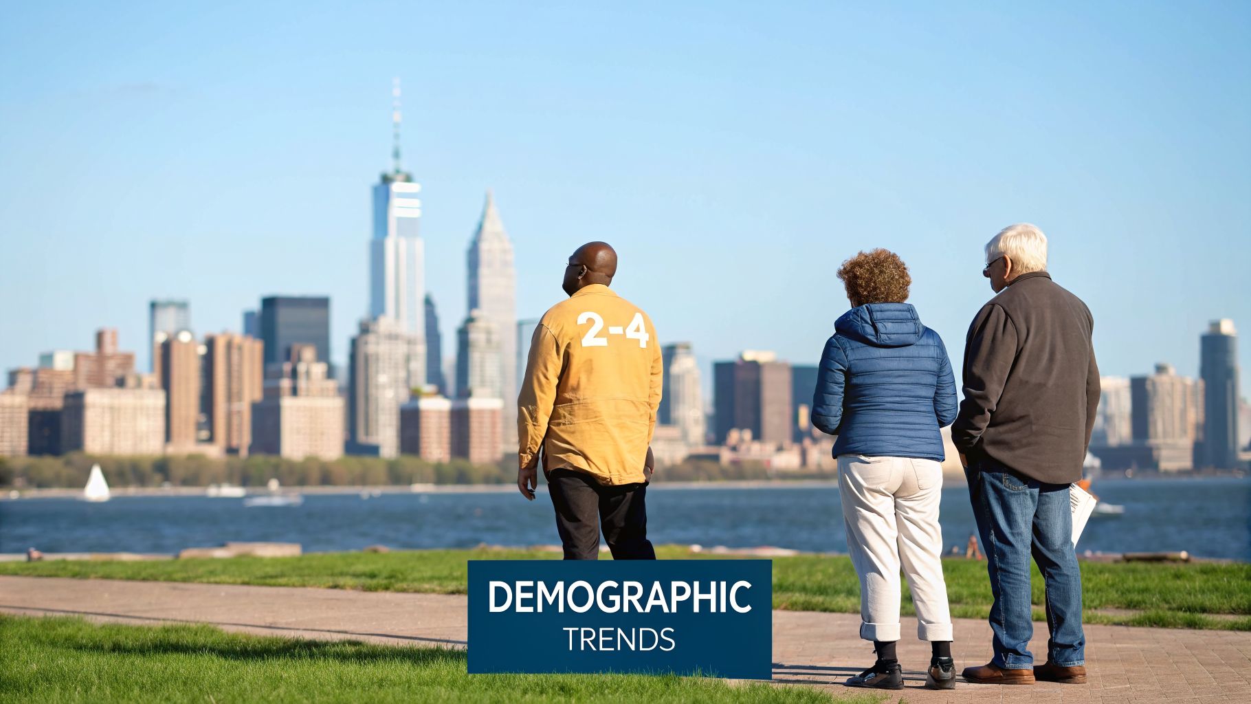 Three people stand with their backs to the camera, looking at a distant cityscape and water. A text overlay reads 'Demographic Trends'.