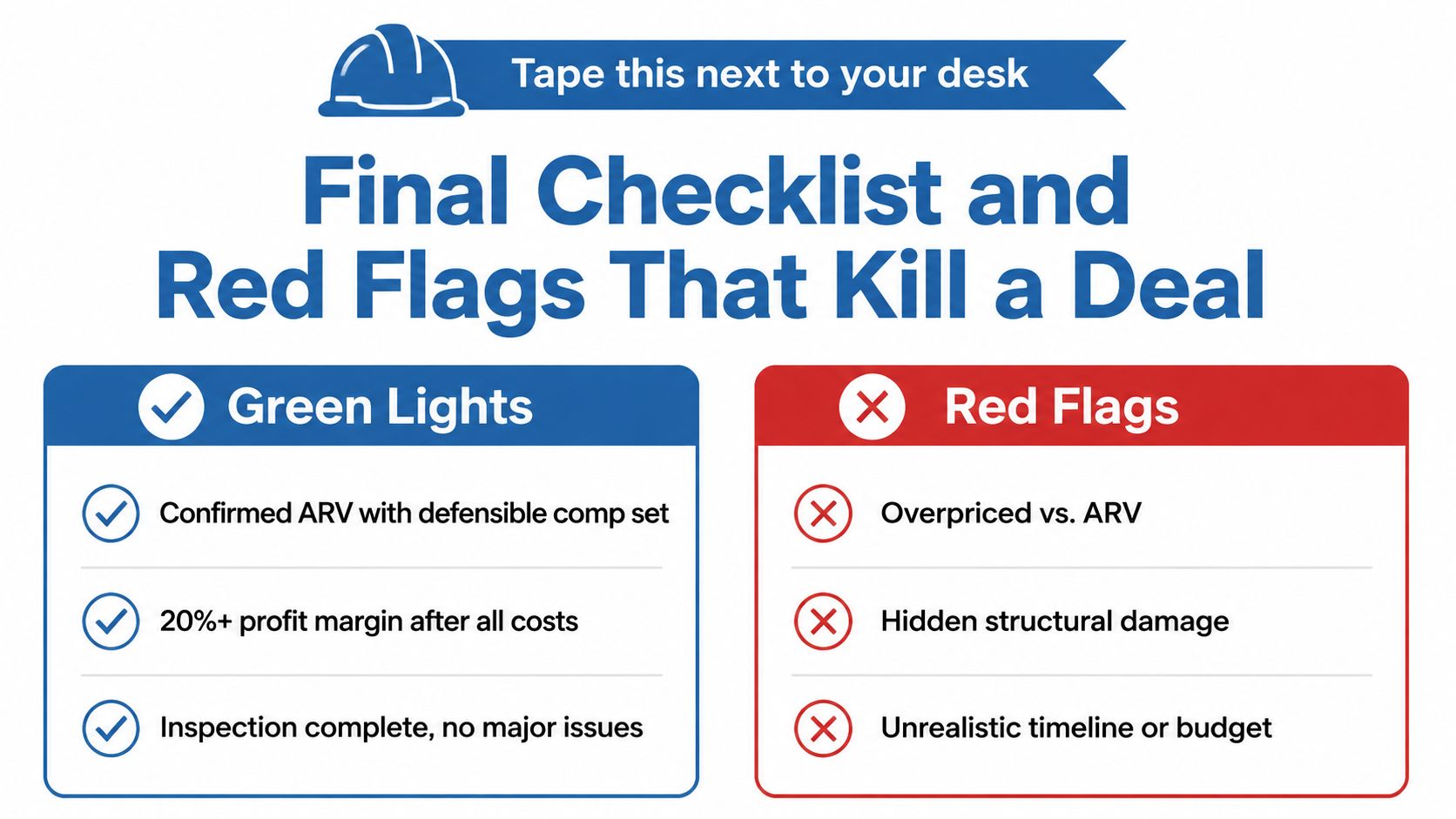 An infographic titled Final Checklist and Red Flags That Kill a Deal for real estate investors.
