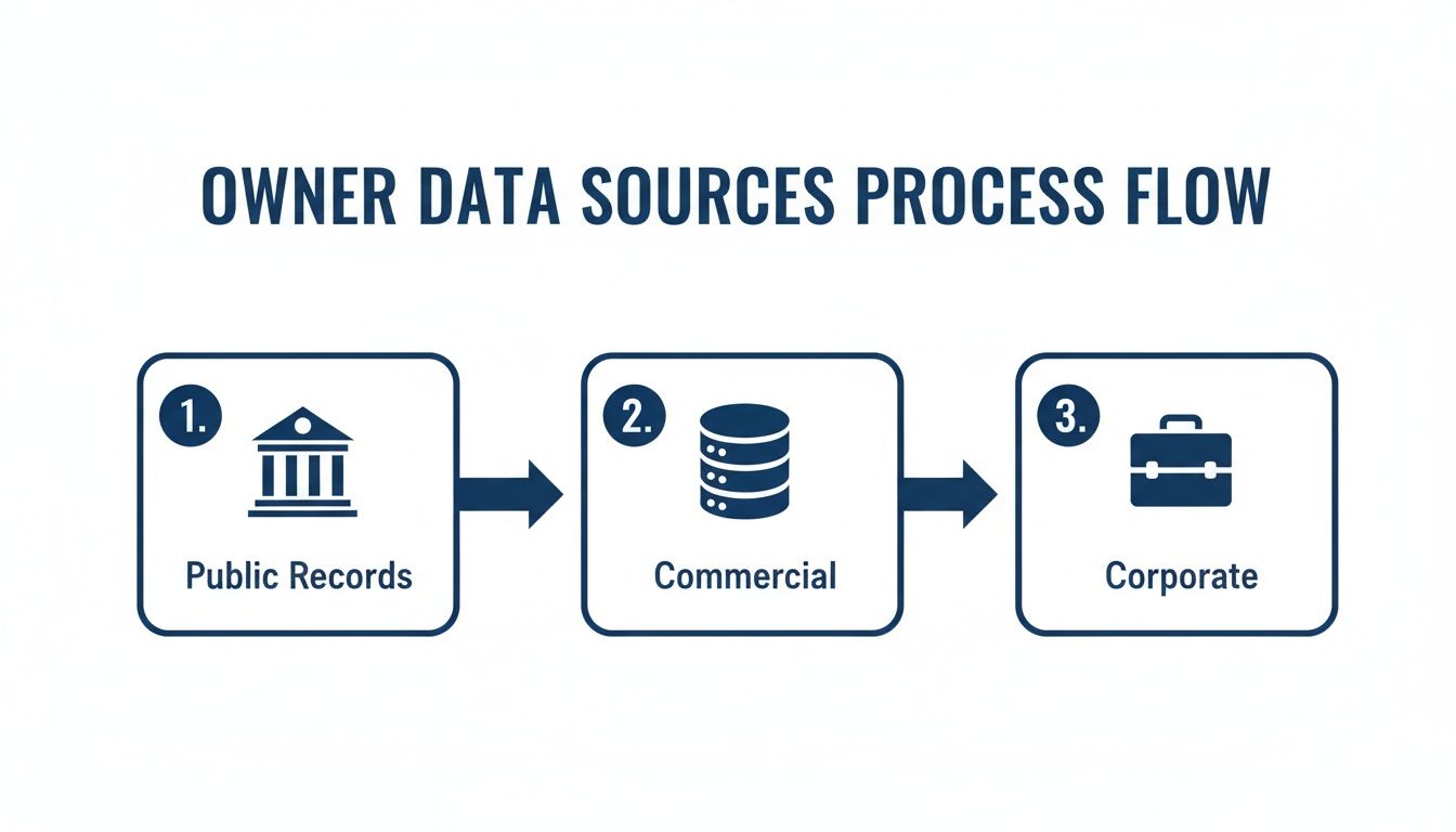 Process flow diagram illustrating owner data sources from public records to commercial and corporate.