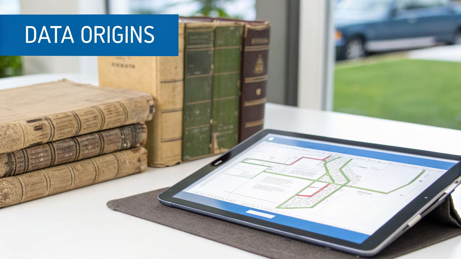 Old books stacked next to a modern tablet displaying a data diagram, symbolizing data origins.