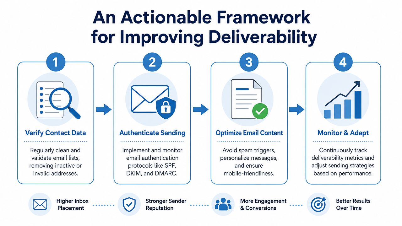 A four-step infographic explaining how to improve email deliverability, including verification, authentication, content optimization, and performance monitoring.
