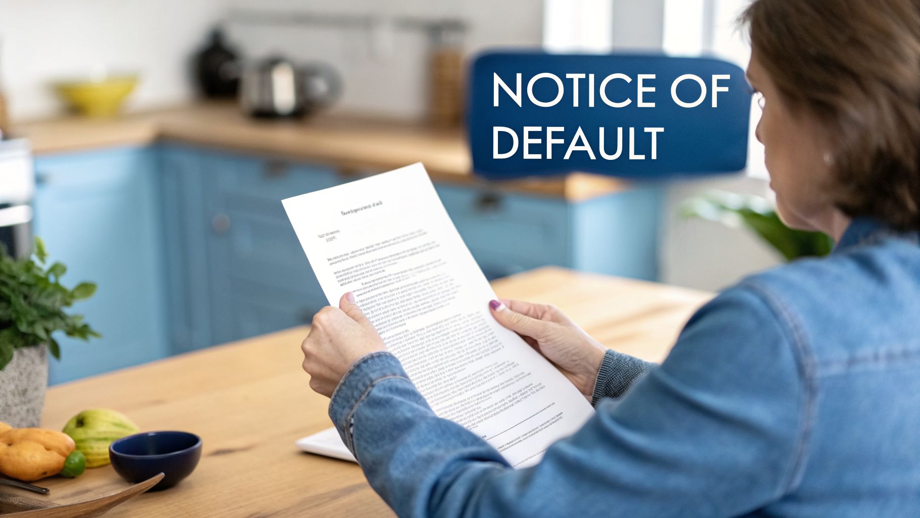 A woman holds and reads a document titled 'Notice of Default' in a home kitchen setting.
