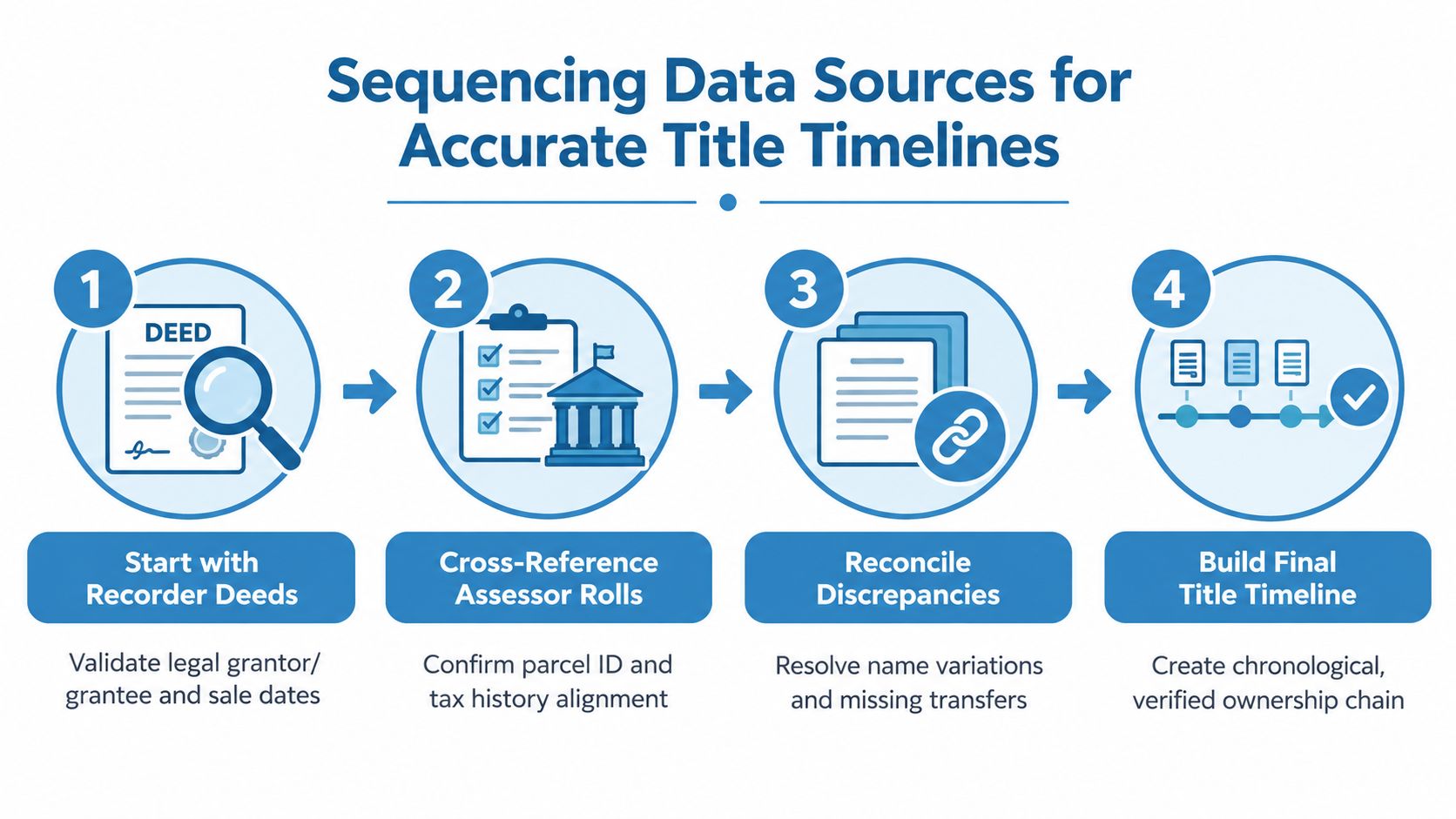 A four-step infographic illustrating the sequence of data sources used to create an accurate property title timeline.