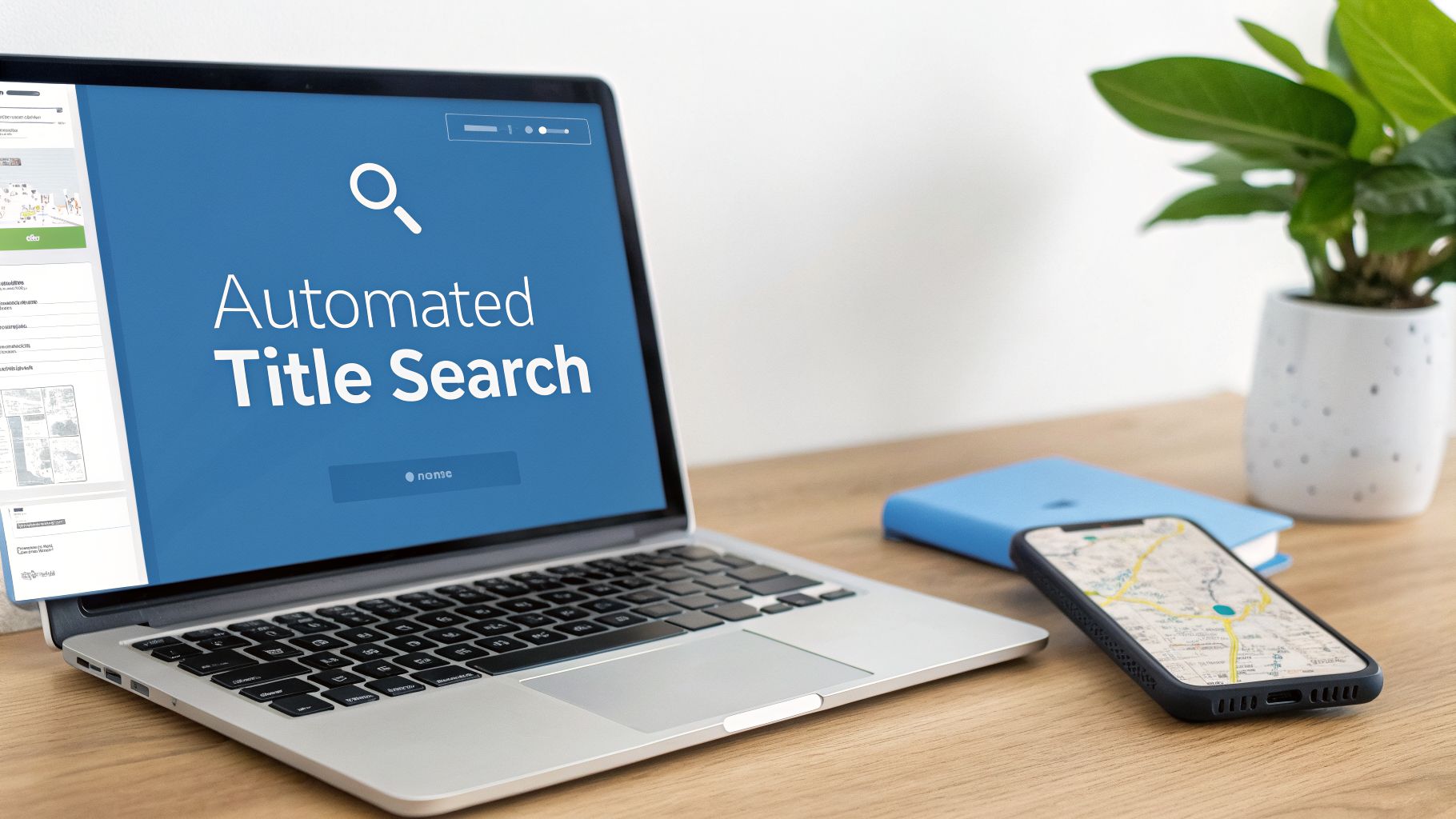 Laptop displaying 'Automated Title Search' with a map on a smartphone, on a wooden desk.
