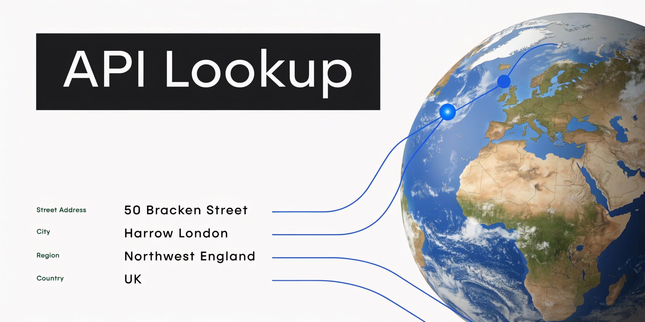 A digital graphic visualizing API geolocation services with address details pointing to a location on Earth.