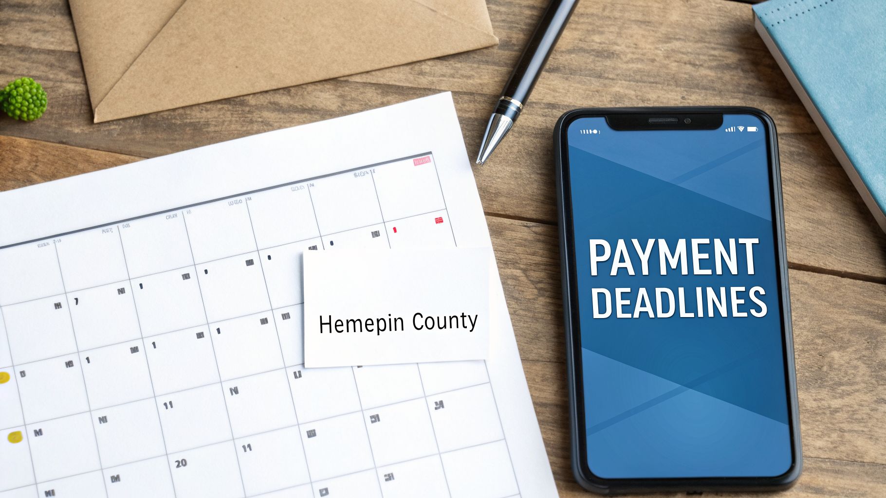 A calendar and smartphone showing 'PAYMENT DEADLINES' with a card saying 'Hennepin County' on a wooden desk.