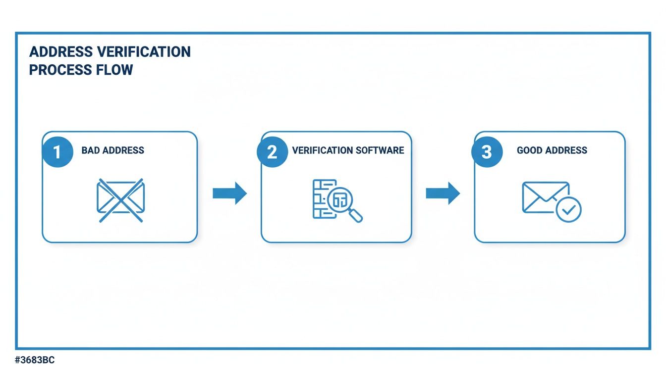 A process flow diagram illustrates how bad addresses are transformed into good addresses using verification software.