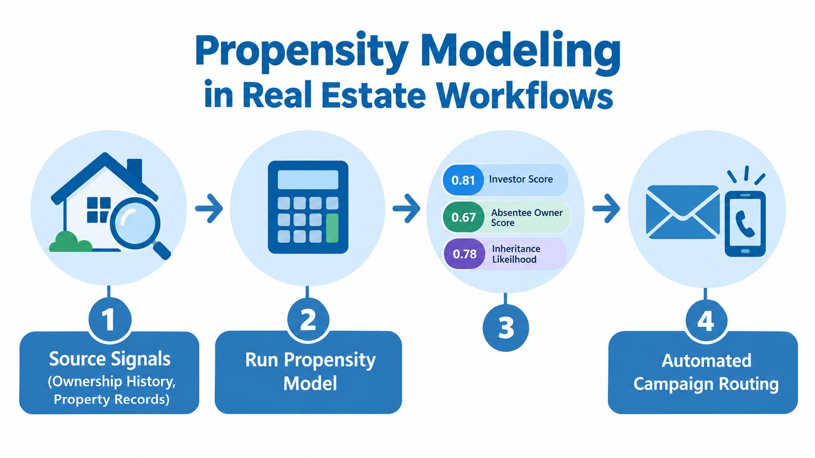 A diagram illustrating a four-step propensity modeling workflow for real estate marketing and automated lead campaign routing.