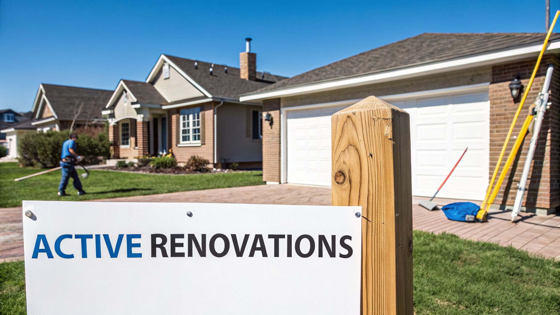 A sign on a lawn reads 'ACTIVE RENOVATIONS' in front of houses undergoing construction.