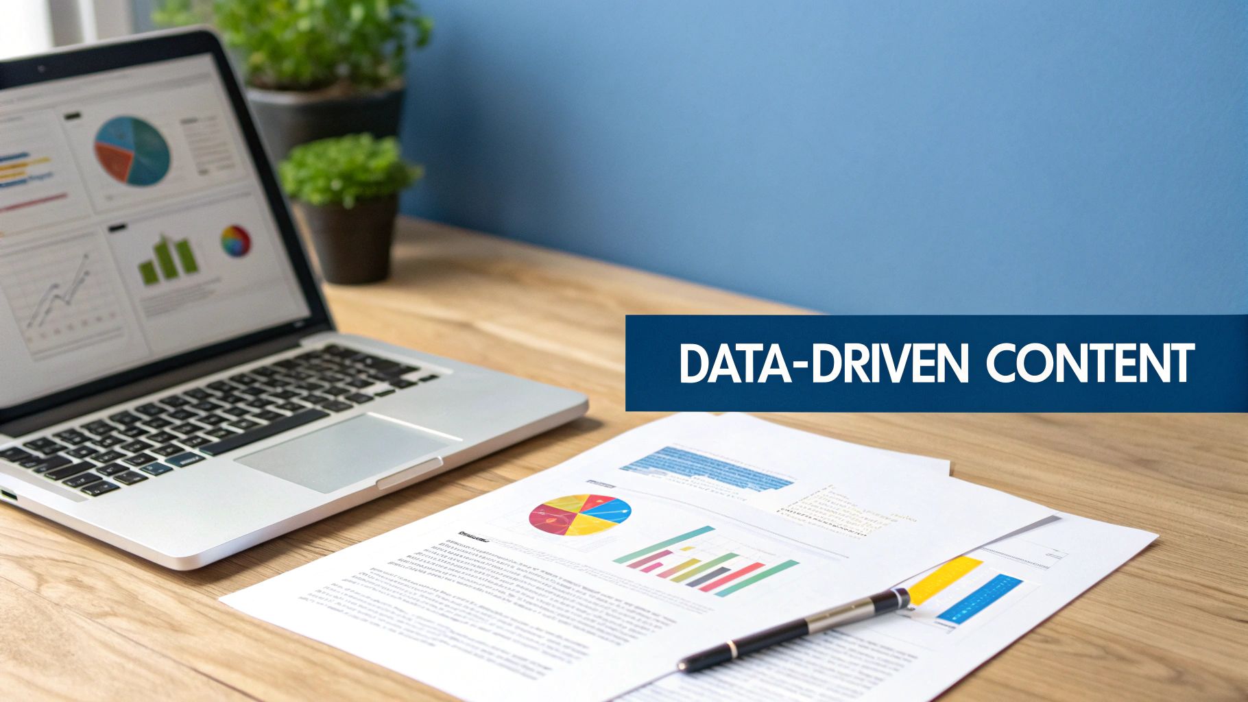 A desk with a laptop displaying charts and graphs, documents with data, and a pen, emphasizing 'DATA-DRIVEN CONTENT'.